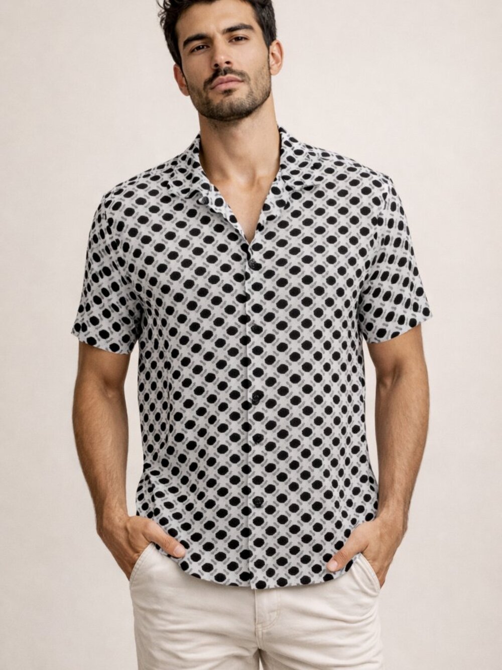 Ricky & Micky Short Sleeve Button Shirt Black White Geometric Print Size L
